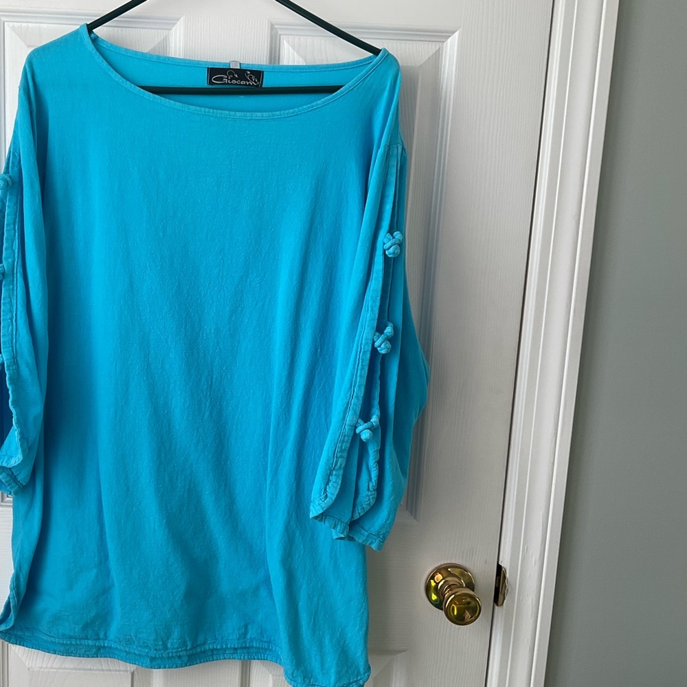 Blue Cotton Open Sleeve Tunic Top Size Large